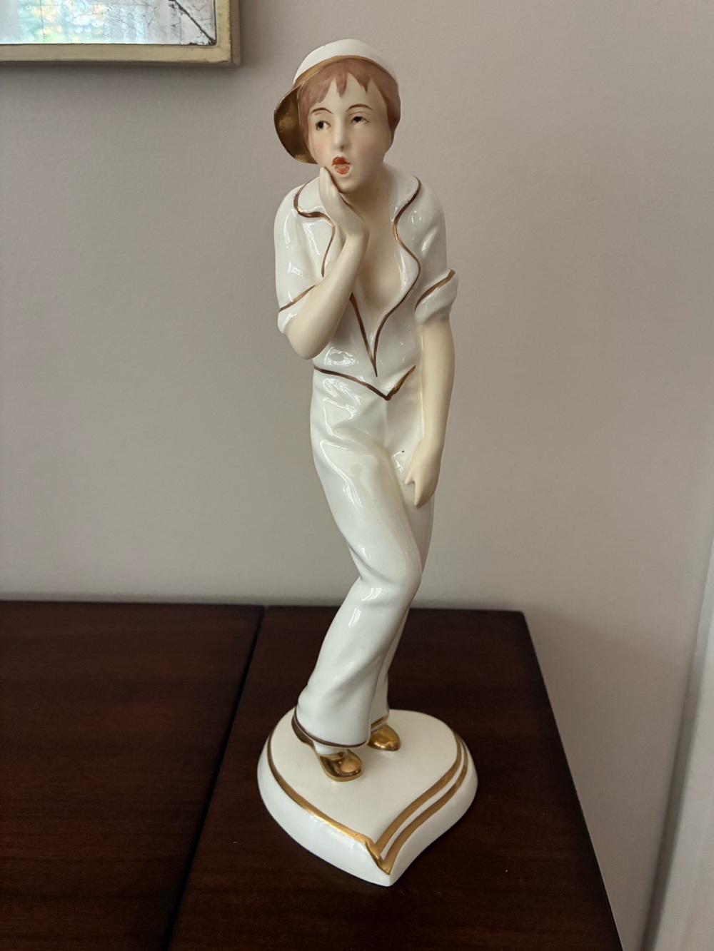Antique Royal Dux Girl Porcelain Figurine Art Deco Handmade White Cream & Gold